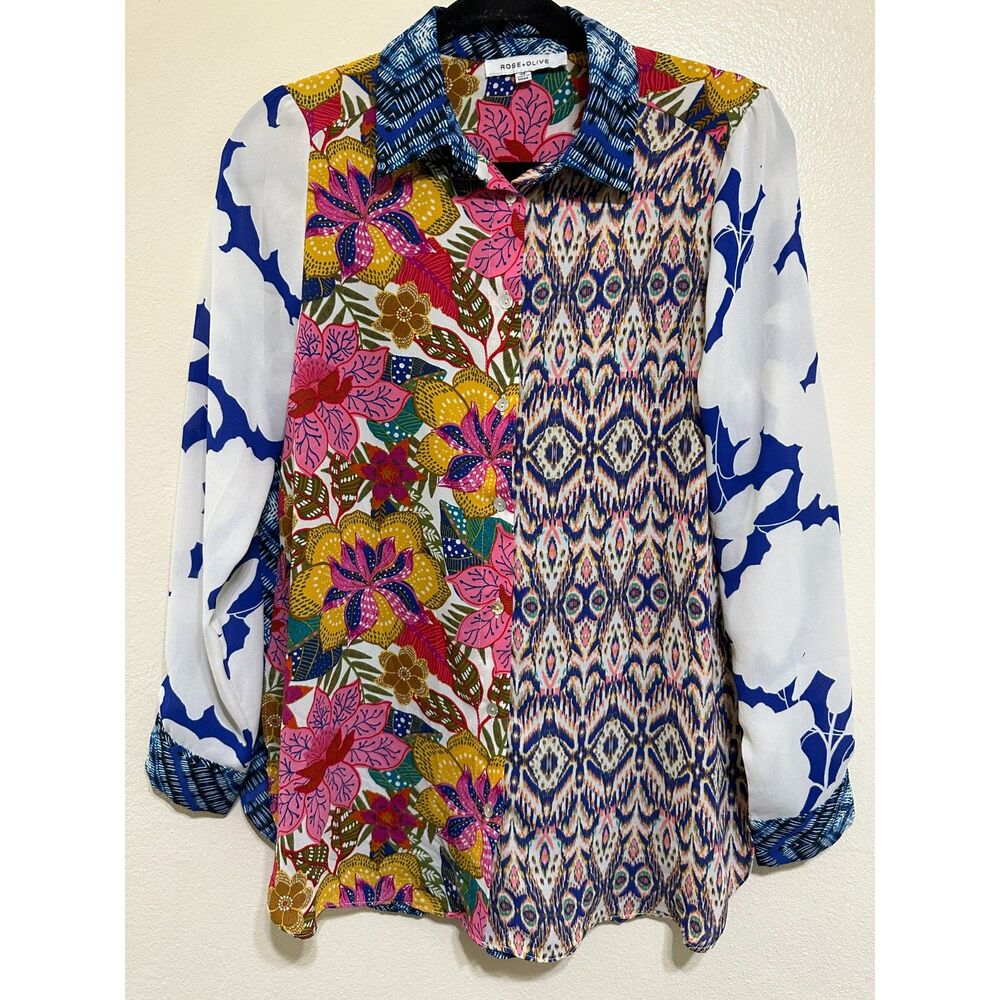 Rose + Olive Women's Career Button Up Blouse Oversized Size XS Long Sleeves